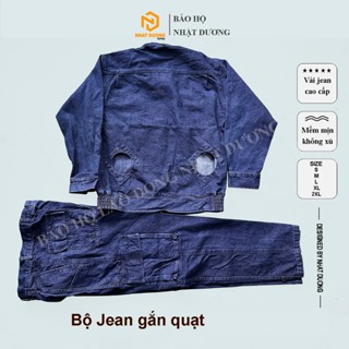 Quần áo bảo hộ lao động thợ điện thợ hàn vải jean cao cấp có lỗ gắn quạt, Đồ lao động nam vải bò dày mềm mịn điều hoà