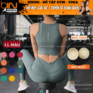 Bộ đồ tập gym yoga pickleball nữ áo bra kèm mút và quần dài thun poly co giãn 4 chiều BINSPORTS BD051
