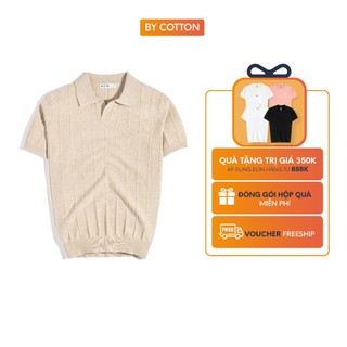 Áo thun polo nam dệt kim cao cấp sọc đứng, kết cấu vải gân mới cùng tone màu beige by cotton