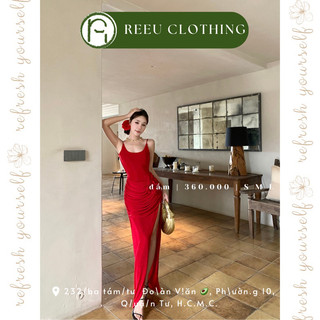 Đầm dây đỏ phối hoa bên hông hở lưng dáng dài maxi xẻ tà cao nhún phần hông