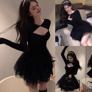 Váy đầm công chúa màu đen khoét ngực đệm vai phối lưới dáng bồng xoè, hottrend Hàn Quốc hàng Quảng Châu NGOMINH SP08
