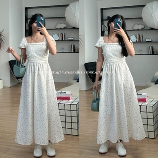 Váy maxi chấm bi cổ vuông chun lưng xếp ly ngang đầm chấm bi dáng dài xinh xắn style ulzzang