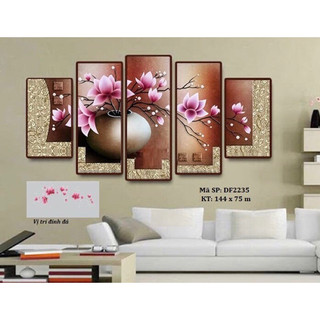 Tranh đính đá 5D Bình Hoa Sen 5 bức DF2235 ( 144x75cm) ,chưa đính đá, không khung