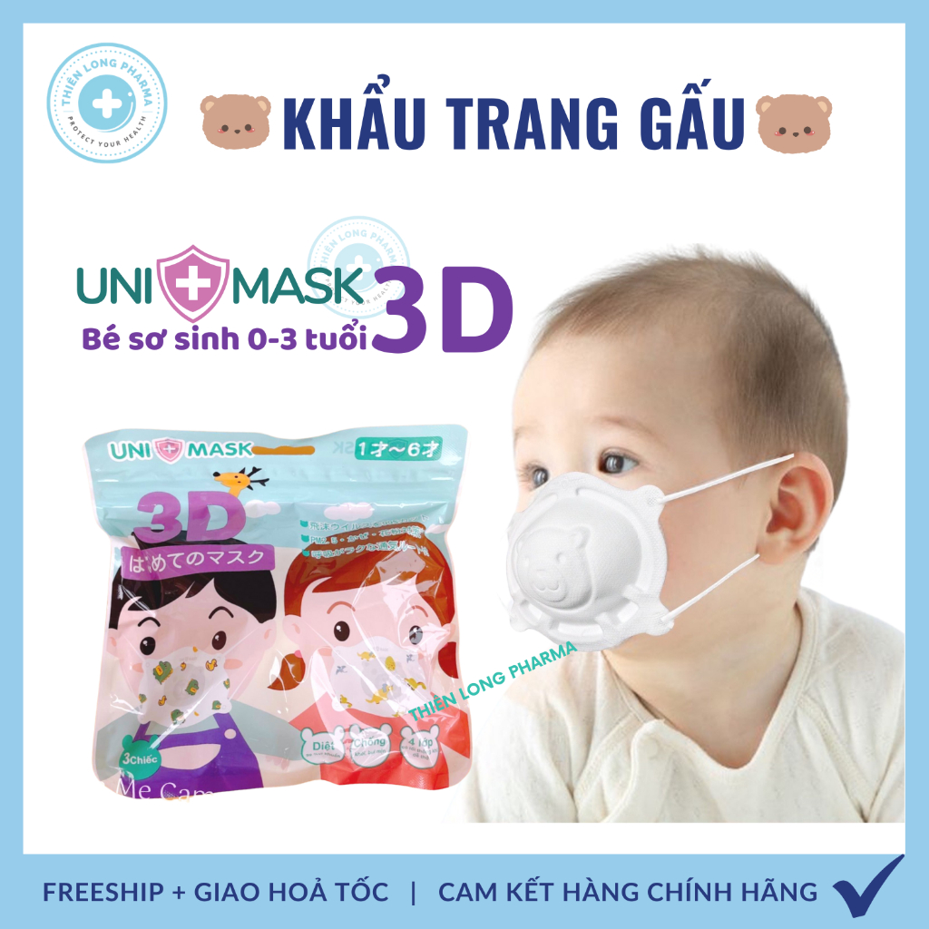 Khẩu trang gấu bé Sơ Sinh 0-3 tuổi [ SET 3 Cái] khẩu trang trẻ em chính hãng UNI MASK công nghệ Nhật