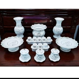  Bộ thờ cúng gốm sứ Bạch Ngọc Hoa Sen cao cấp lư hương bát nhang bình đĩa áng chum ly đèn dầu ống cát vàng trắng vỉ hứng 