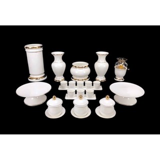 Bộ thờ cúng gốm sứ Đá Ngọc Trắng cao cấp lư hương bát nhang bình đĩa áng chum ly đèn dầu ống cát vàng trắng vỉ hứng tàn 