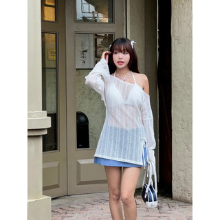 CLÉLIE Áo lưới form rộng trễ vai xẻ tà phối dây nơ kèm bra RITA TOP