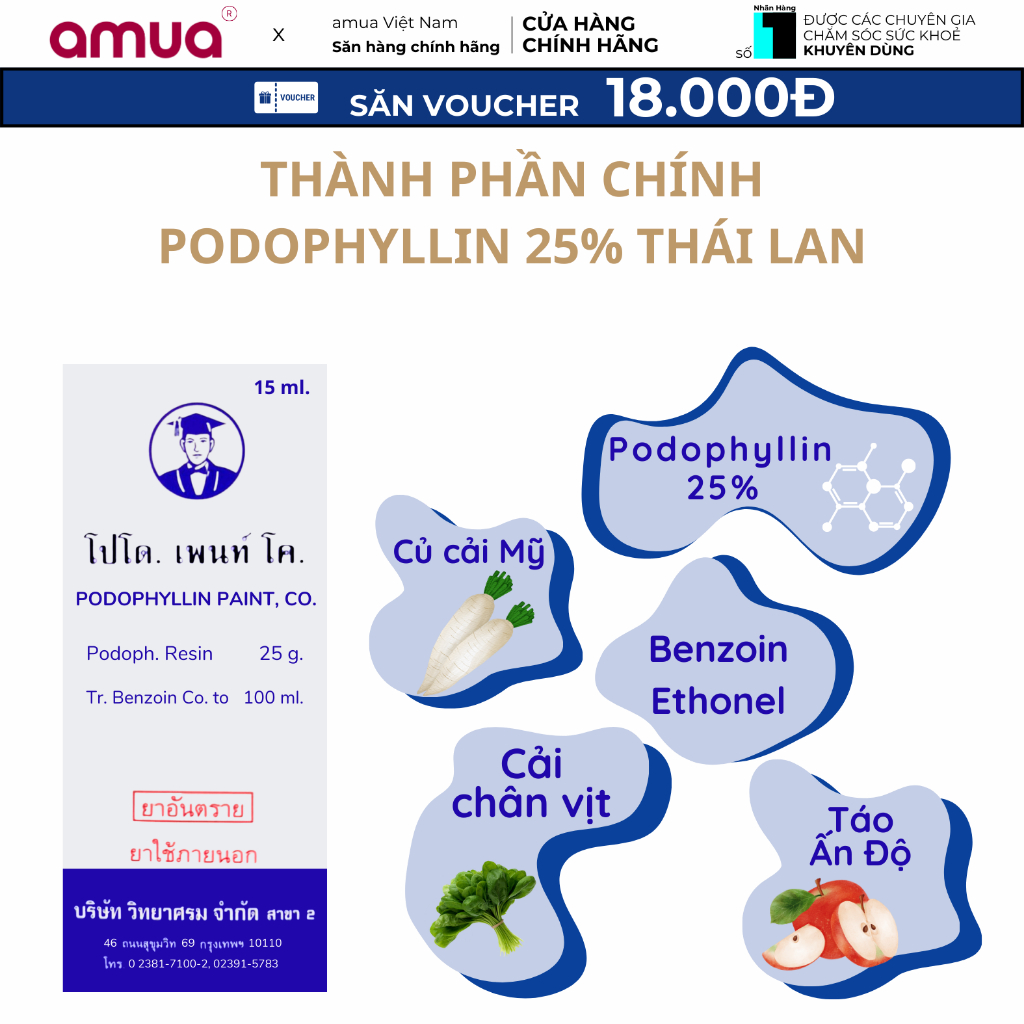 Podophyllin 25% Vidhyasom Thái Lan 15ml - Dung dịch Podophyllin 25%