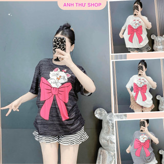 Set Bộ Nữ Đùi Bèo Áo Cổ Tròn Chất Thun Tăm Gân In Hình Mèo Nơ 3D Dễ Thương, Co Giãn, Thoáng Mát từ 40-70kg-AT shop