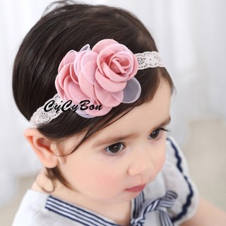 Băng Đô Turban Cho Bé Gái Ren Co Giãn Đính Bông Voan Màu Hồng Ruốc Siêu Xinh !