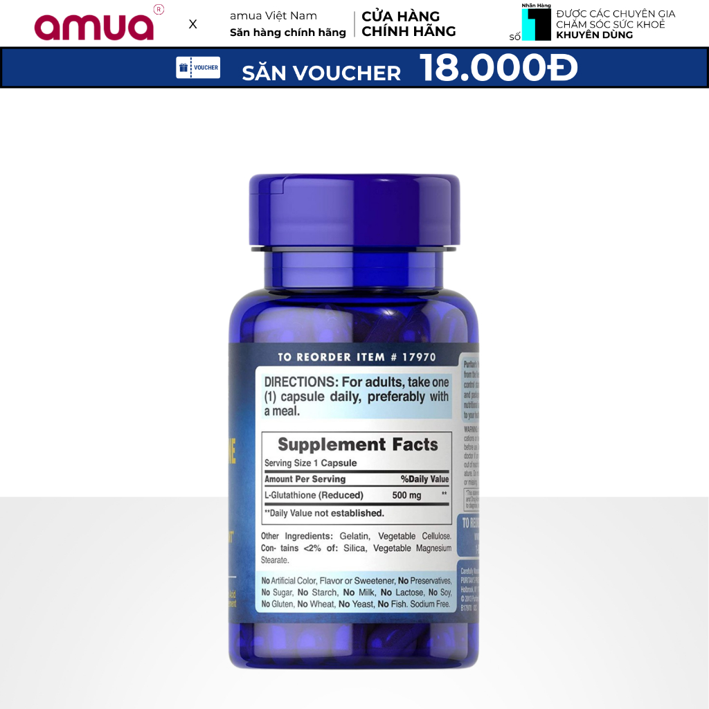 Viên uống trắng da giảm nám L-Glutathione Reduced 500mg Puritan's Pride của Mỹ 30 viên