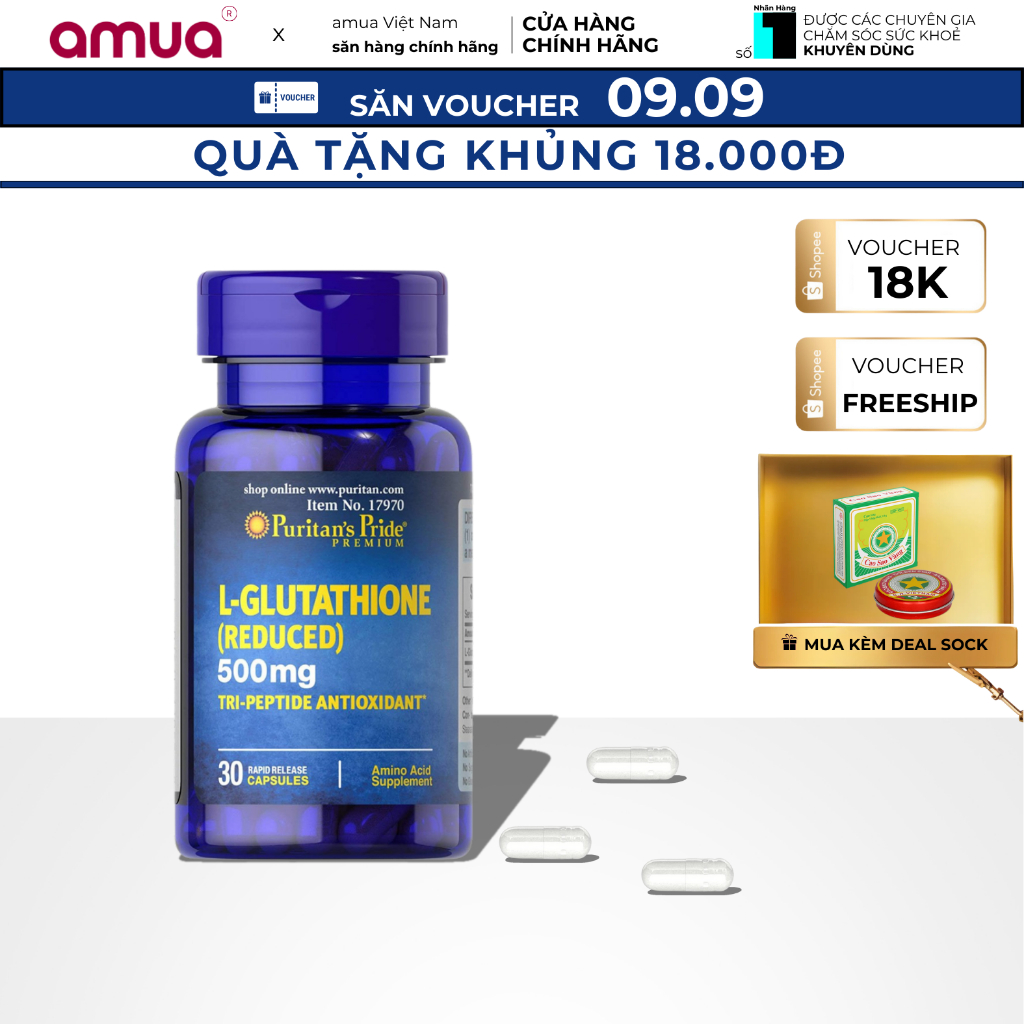 Viên uống trắng da giảm nám L-Glutathione Reduced 500mg Puritan's Pride của Mỹ 30 viên