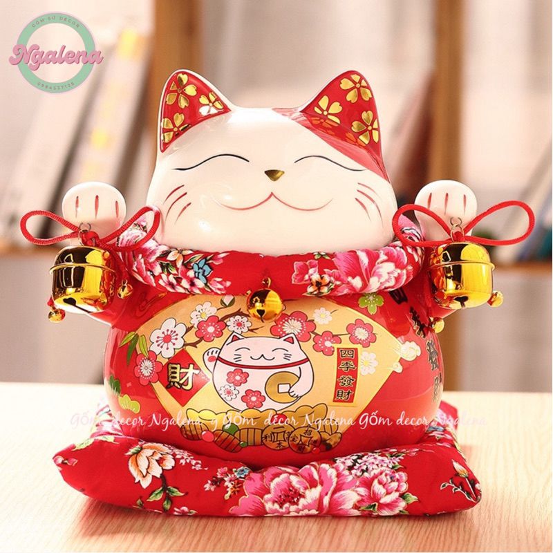 Mèo thần tài, mèo may mắn hũ tiết kiệm bằng gốm sứ 25cm 10 inch kèm đệm