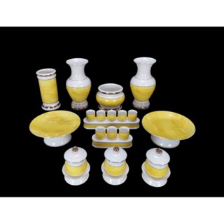 Bộ thờ cúng gốm sứ đá Vàng Ngọc cao cấp lư hương bát nhang bình đĩa áng chum ly đèn dầu ống cát vàng trắng vỉ hứng tàn