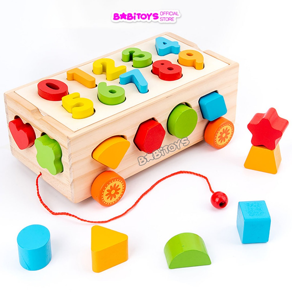 Bộ đồ chơi xe cũi thả hình khối và ghép số bằng gỗ cho bé - đồ chơi gỗ phát triển trí tuệ
