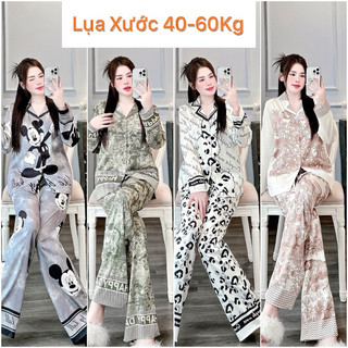 -Bộ pijama lụa xước, bộ ngủ tay dài quần dài lụa xước cao cấp in hoạ tiết