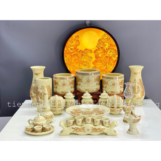 Bộ thờ cúng men vàng kem - đồ thờ cúng gia tiên thổ công bàn thờ thần tài gốm sứ Bát Tràng
