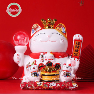 Mèo thần tài , mèo may mắn Neko maneki đế vương đèn quả cầu phát sáng 26cm vẫy tay