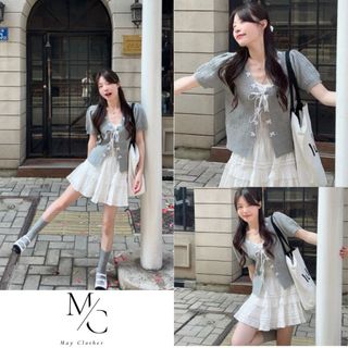  Set Đồ Nữ 3 Món - Áo 2 Dây Kèm Áo Khoác Ngoài Mix Với Chân Váy Tầng Đính Cúc Nơ Siêu Xinh 