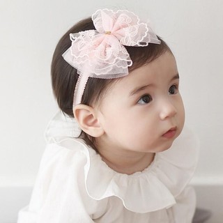 Băng Đô Turban Thun Cho Bé Gái Nơ Ren Thêu Có 2 Màu Trắng Kem Và Hồng Phấn