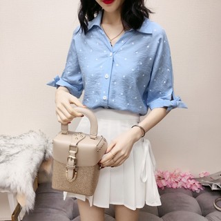 Áo sơ mi nữ tay lỡ trắng bi