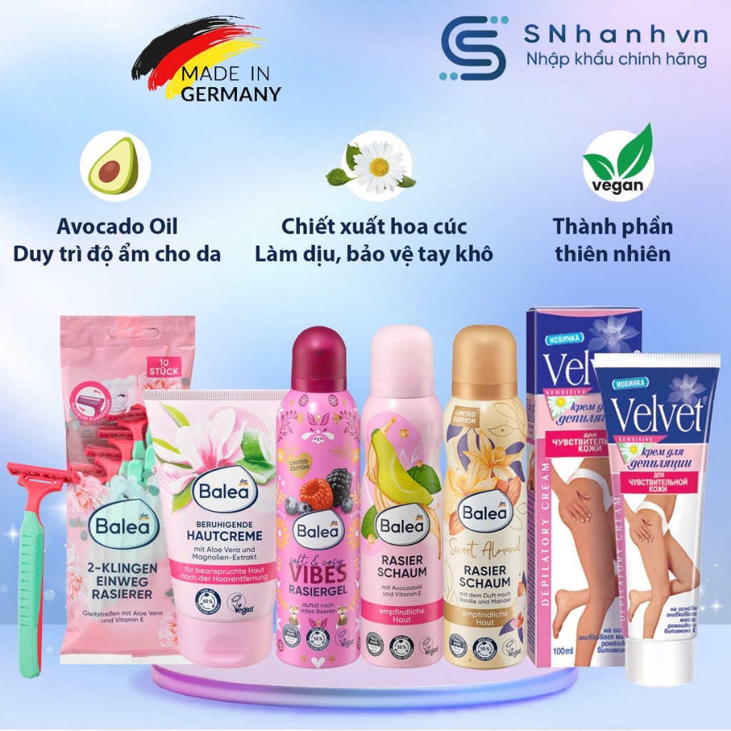 [CÓ CHE TÊN] Gel tẩy lông Velvet, Balea Intim cho Da Nhạy cảm - Bọt cạo lông Balea Đức