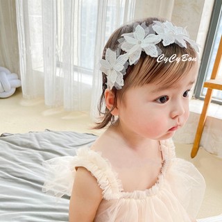 Băng Đô Turban Cho Bé Gái Thun 5 Bông Màu Trắng + Hồng Thắt Nơ Ren Sau, Thun Co Giãn Thoải Mái !