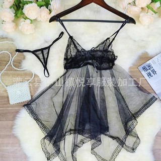 Váy ngủ 2 dây phối ren xuyên thấu kèm quần