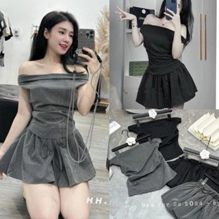 Sét Bộ Đồ Nữ Áo Trễ Vai Đính Đá Kèm Chân Váy Xếp Ly Dáng Ngắn Kèm Dây Rút Size S M - Halinh Shop - Sét Bộ Nữ Tiểu Thư