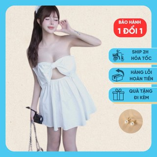Đầm xòe 2 tầng đính nơ phong cách tiểu thư, khoét eo kèm áo ống