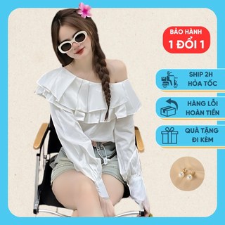Áo sơ mi nữ cuốn bèo cổ vạt chéo trễ vai form rộng siêu xinh