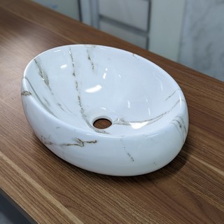 Chậu rửa mặt - Lavabo elip đặt bàn họa tiết vân đá trắng KT 50x31, 40x30cm
