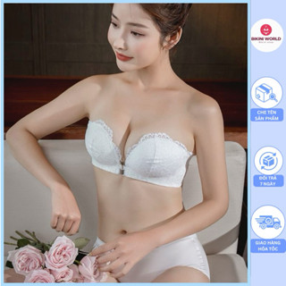 Áo ngực không dây nâng ngực phối ren cúp ngược cài trước, áo lót ngực tạo khe lót su bàn tay chống tụt kèm dây