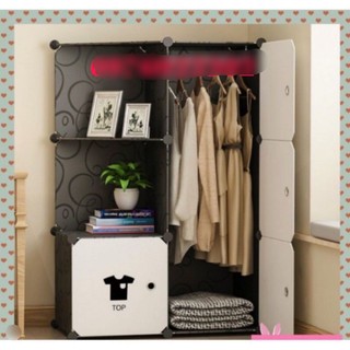 Tủ nhựa ghép 6 ô màu đen, cửa trắng decal quần áo nhỏ gọn nhẹ, size to sâu 47, 1 treo, 2 xéo