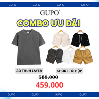 Combo Áo Thun Nam Layer Cotton Cổ Tròn GUPO Local Brand Và Quần Short Kaki Túi Hộp Unisex Lưng Chun