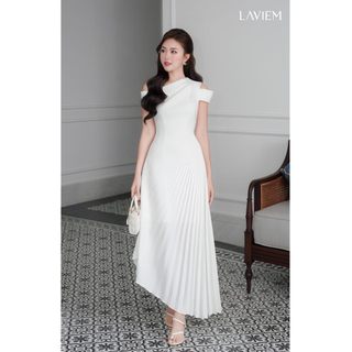 LAVIEM - Váy thiết kế lệch vai xếp ly trắng, đỏ Nelly Dress