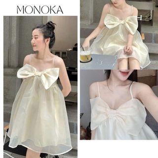 Váy nữ 2 dây nơ to form rộng dáng xòe ngắn nàng thơ nữ tính Đầm bầu chất voan tơ 2 lớp tiểu thư bánh bèo T419G MONOKA