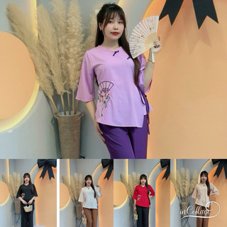 Bigsize Nữ 50kg-95kg—Bộ Lam Đi Lễ Chùa Quần Ống Suông Tay Lỡ Áo Đính Nút Tàu Và Thêu Hình Cây Quạt  Xinh Xắn