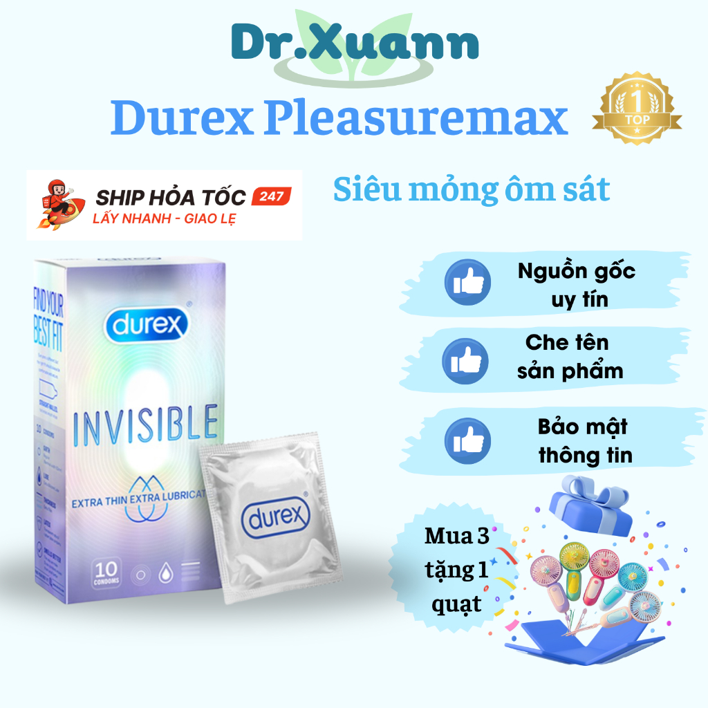 Bao cao su Durex Invisible siêu mỏng size 52mm, hộp 10 bao | DR.Xuân