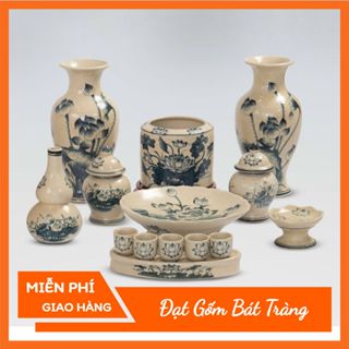 ĐỒ THỜ CÚNG -  bộ thờ cúng men rạn vẽ sen  gốm sứ Bát Tràng