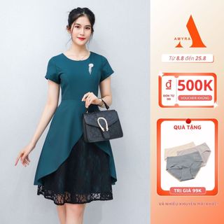 AMYRA - Váy Dự Tiệc Sang Trọng Cho Mẹ Bigsize U40,Thiết Kế Dáng Xòe 3 Lớp Phối Ren Cao Cấp Trung Niên DA056
