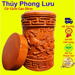 Hộp đựng trà nguyên khối gỗ hương,hộp chè tròn trạm khắc mã đáo cỡ 12 cao 20cm