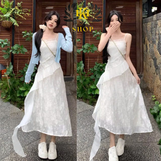 Set Váy Nữ Đầm 2 Dây Dự Tiệc Mix Đuôi Tiên Kèm Cardigan, Chất Vải Tơ Ép Quảng Châu May 2 Lớp Phong Cách Sang Trọng