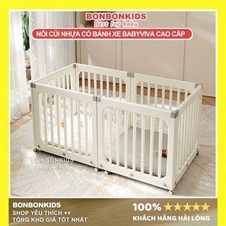 (Có đệm da PU) Nôi nhựa di động cho bé, Quây cũi cho bé, Khung cũi cho bé babyviva có bánh xe di chuyển