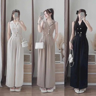 Jumpsuit nữ áo cổ vest phối nút, quần dài ống rộng chất vải tuyết mưa dày dặng phù hợp cho các nàng đi chơi,đi dạo phố