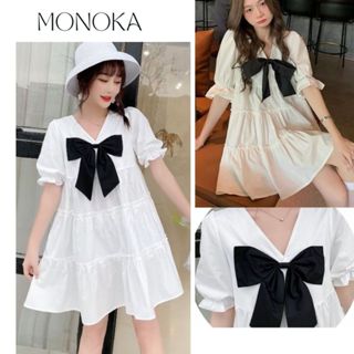 Váy babydoll ngắn tay bồng nơ đen to dáng xòe cute cổ V Đầm bầu nữ form rộng cộc tay nữ sinh dễ thương T428G MONOKA