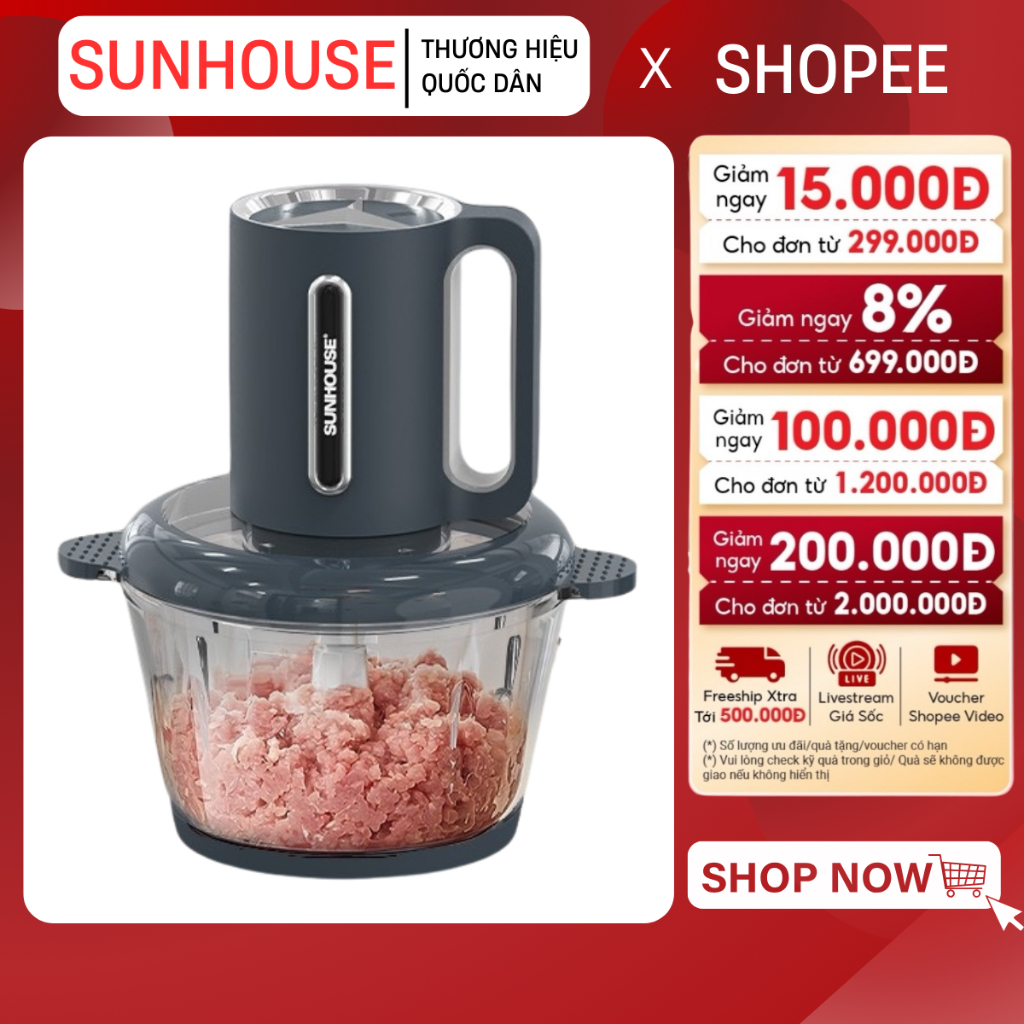 MÁY XAY THỊT CỐI THUỶ TINH SUNHOUSE SHD5403 - 3 chế độ xay siêu nhuyễn, bảo hành 12 tháng