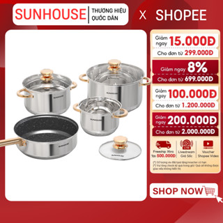BỘ NỒI CHẢO INOX 5 ĐÁY SUNHOUSE SHG789 - 3 nồi 1 chảo, Không hoen gỉ, Mạ vàng sang trọng