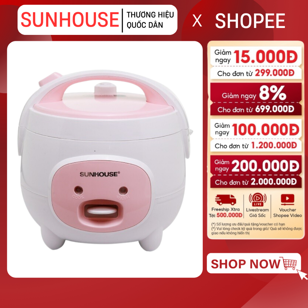 NỒI CƠM ĐIỆN 1.8L SUNHOUSE SHD8607W - Phù hợp 4-6 người ăn, nấu cơm siêu nhanh