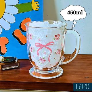 cốc uống nước, ly thủy tinh dễ thương có quai kèm ống hút, cốc nơ xinh decor 450ml, cốc uống cafe, trà làm quà tặng